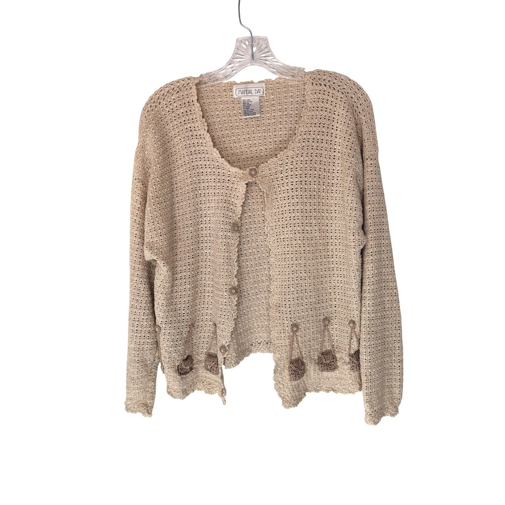 Mandal Bay Cardigan Vintage Women's Linen Blend Knit Beaded Scalloped Boho XL